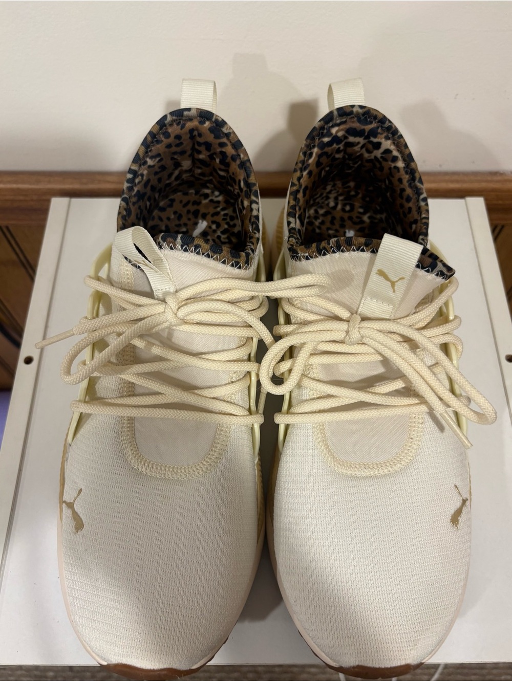 PUMA Cream Lace-Up Sneakers with Leopard Print Lining